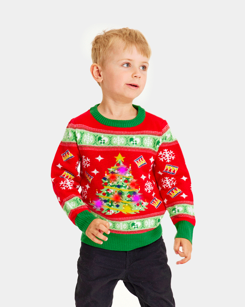 Pull de Noël pour Famille Lumineux LED Rouge avec Sapin de Noël Enfants
