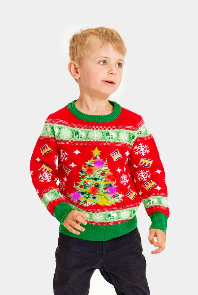 Pull de Noël pour Famille Lumineux LED Rouge avec Sapin de Noël Enfants