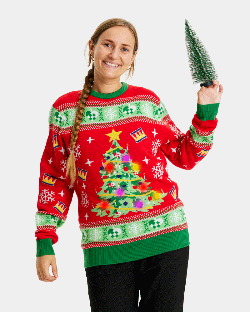 Pull de Noël pour Famille Lumineux LED Rouge avec Sapin de Noël Femme
