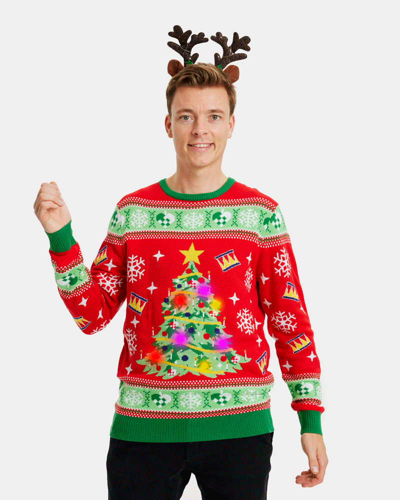 Pull de Noël pour Famille Lumineux LED Rouge avec Sapin de Noël Homme