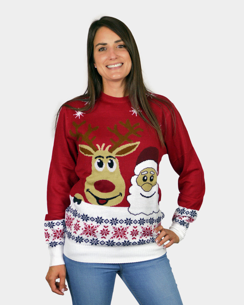 Pull de Noël pour Famille Noël et Renne Souriants Femme