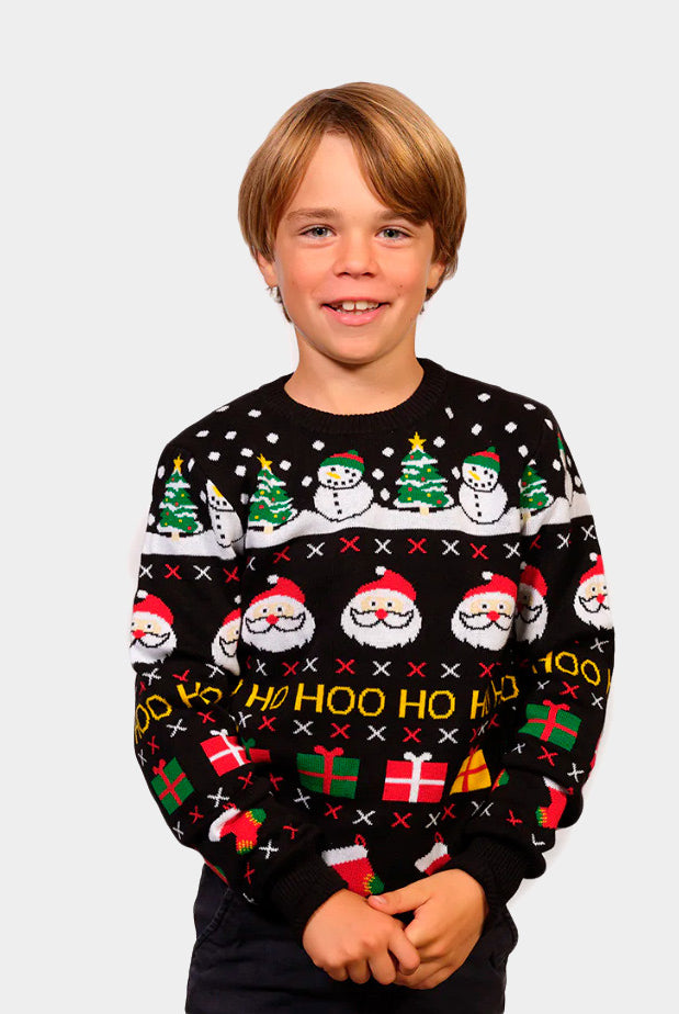 Pull de Noël Famille Père Noël, Cadeaux et Bonhommes de Neige Coton Bio Enfants