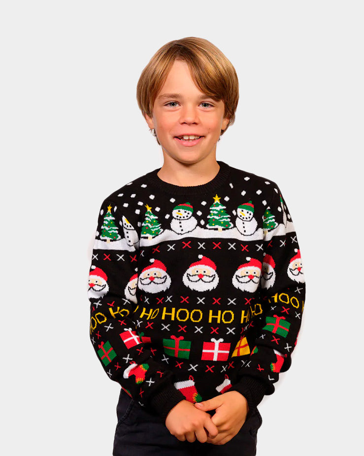 Pull de Noël Famille Père Noël, Cadeaux et Bonhommes de Neige Coton Bio Enfants