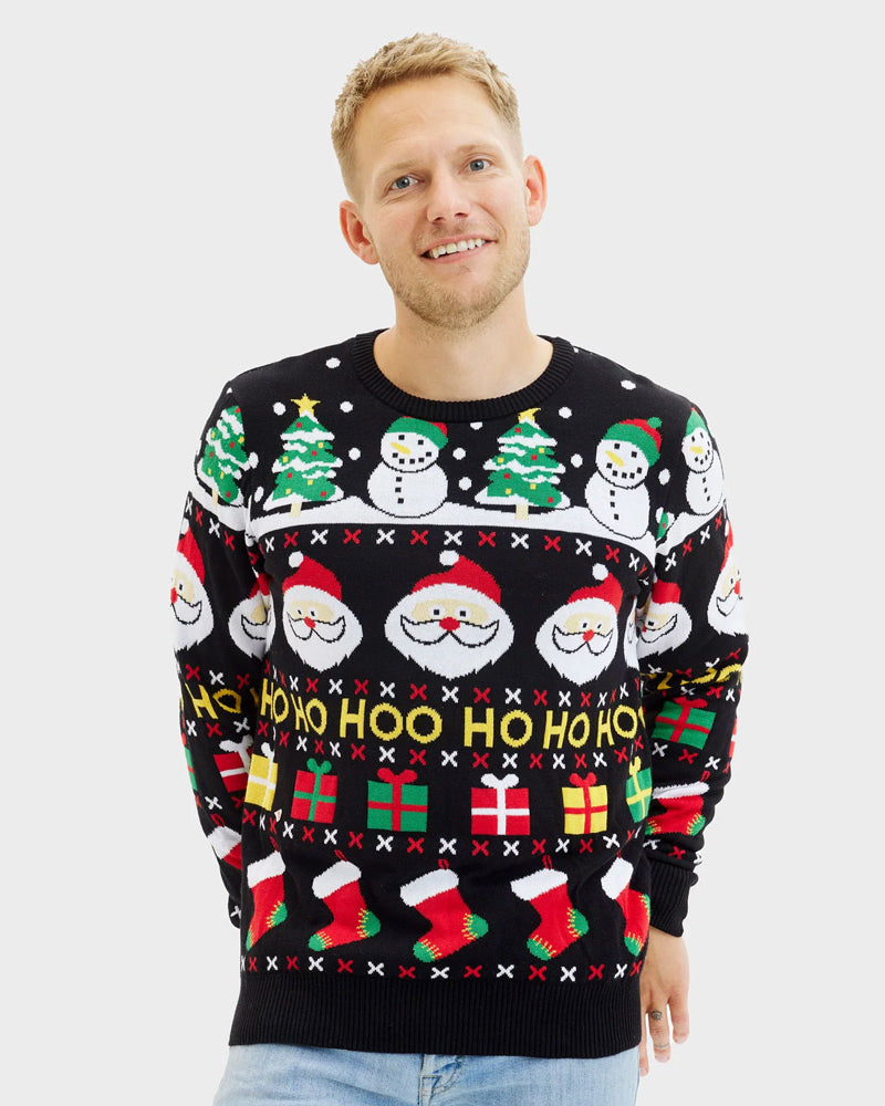 Pull de Noël Famille Père Noël, Cadeaux et Bonhommes de Neige Coton Bio Homme