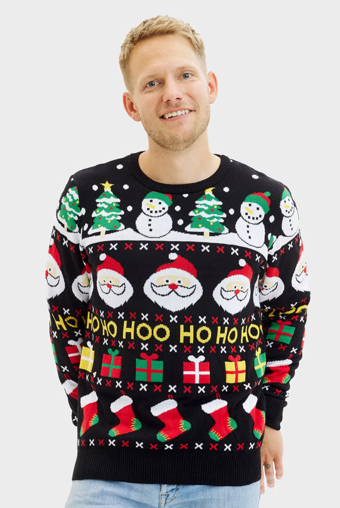 Pull de Noël Famille Père Noël, Cadeaux et Bonhommes de Neige Coton Bio Homme