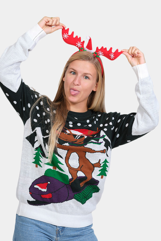 Pull de Noël pour Famille Renne avec Motoneige Femme