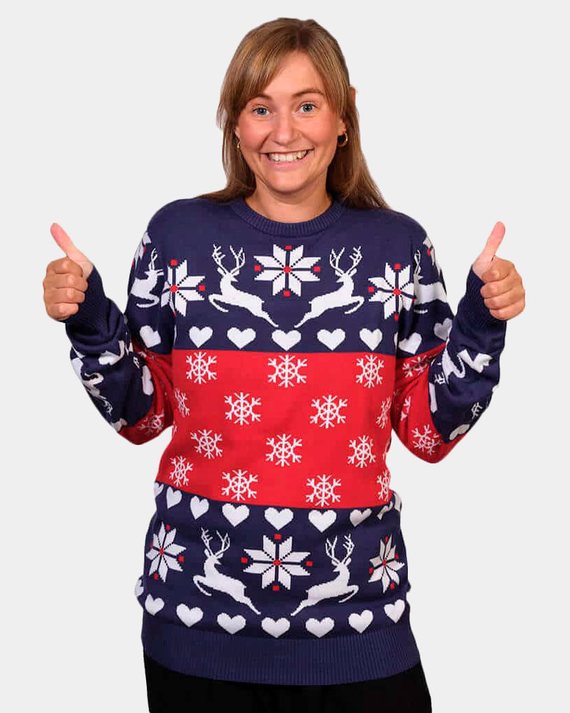 Pull de Noël pour Famille Rennes et Cœurs Bleu et Rouge Femme