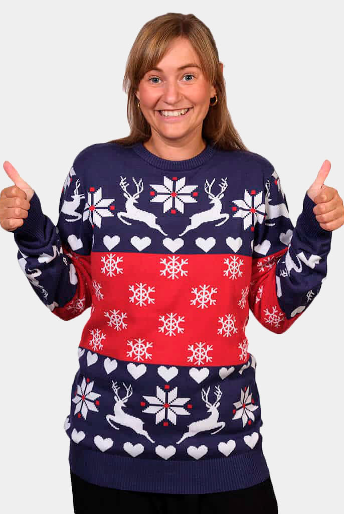 Pull de Noël pour Famille Rennes et Cœurs Bleu et Rouge Femme