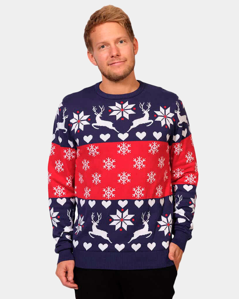 Pull de Noël pour Famille Rennes et Cœurs Bleu et Rouge Homme