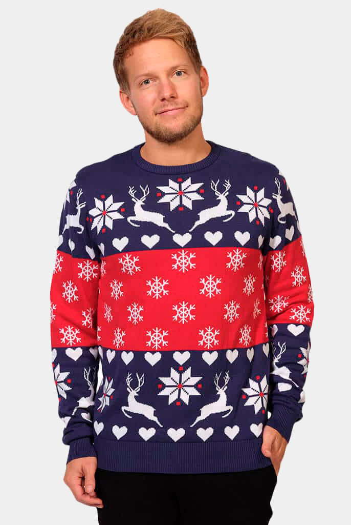 Pull de Noël pour Famille Rennes et Cœurs Bleu et Rouge Homme