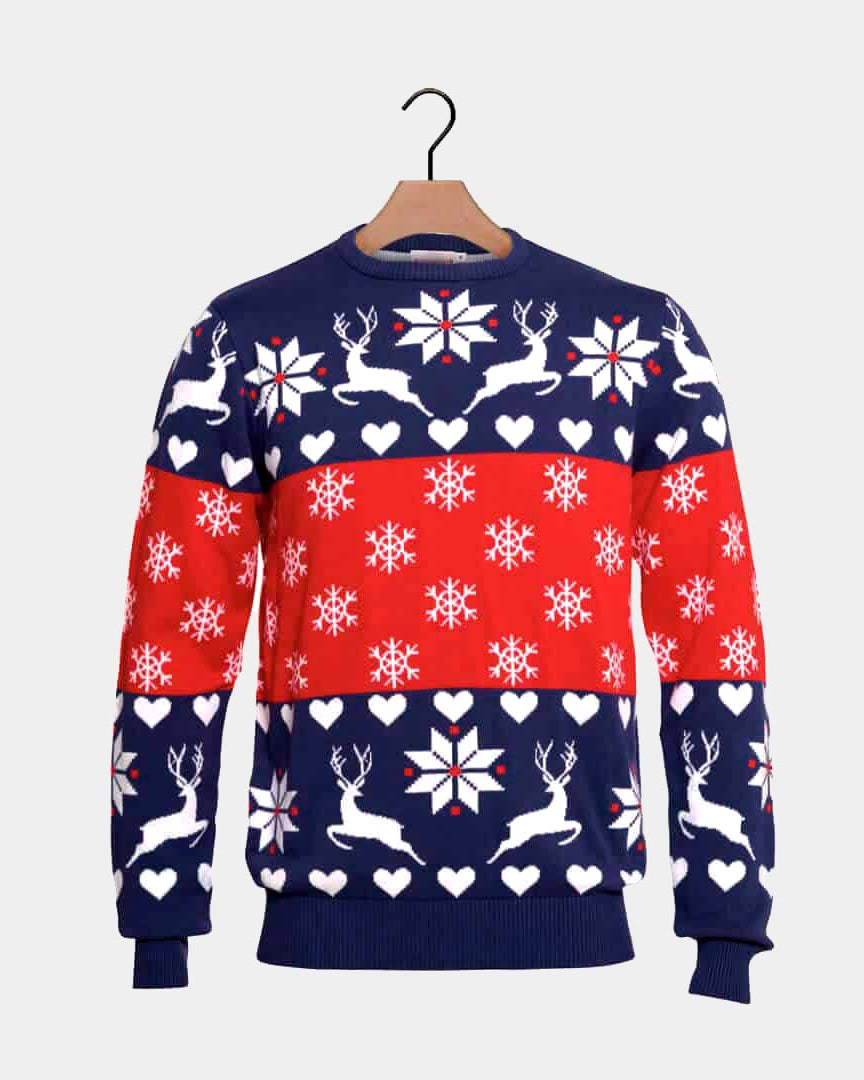 Pull de Noël pour Famille Rennes et Cœurs Bleu et Rouge
