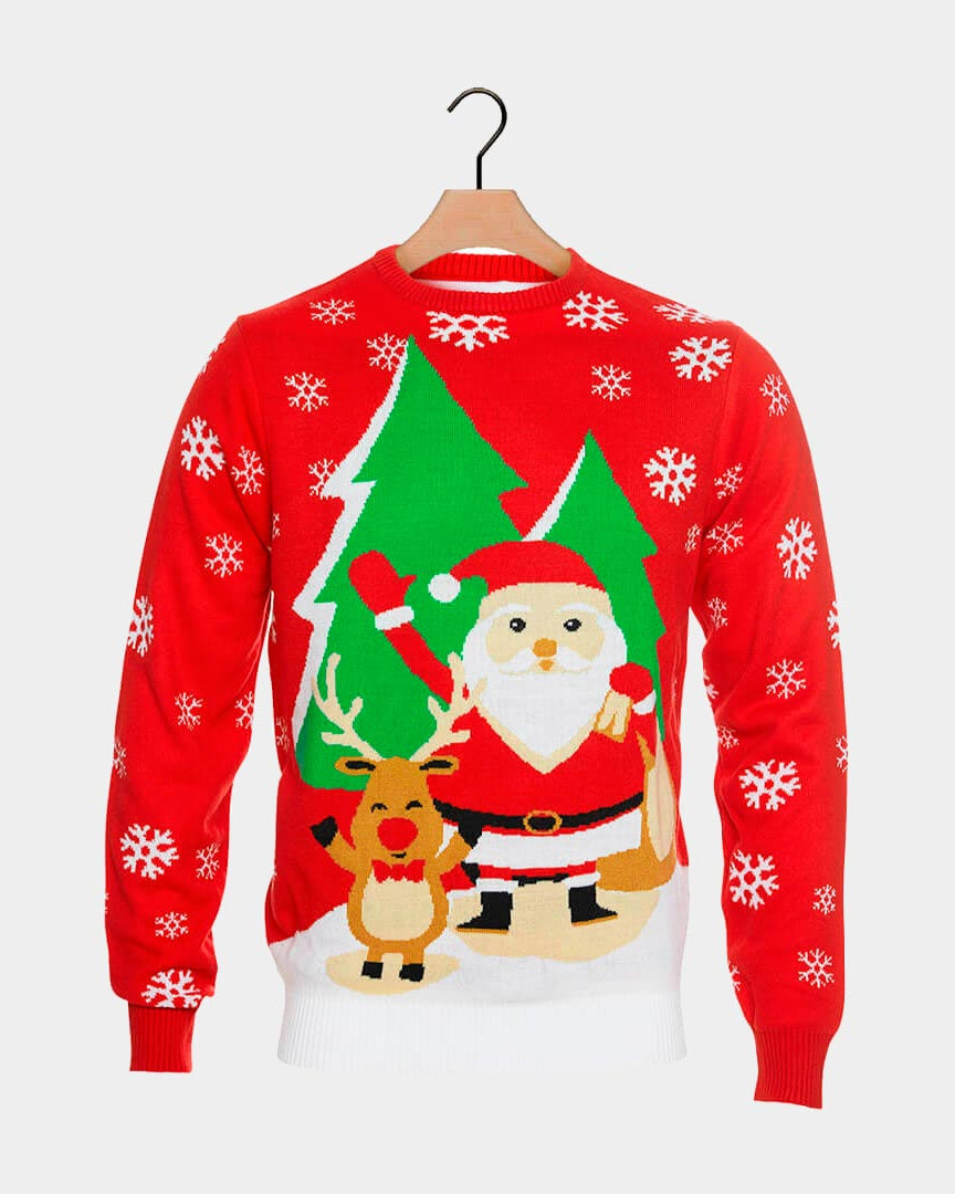 Pull de Noël pour Famille Rouge avec Père Noël et Renne Saluant