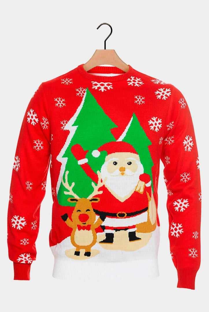 Pull de Noël pour Famille Rouge avec Père Noël et Renne Saluant