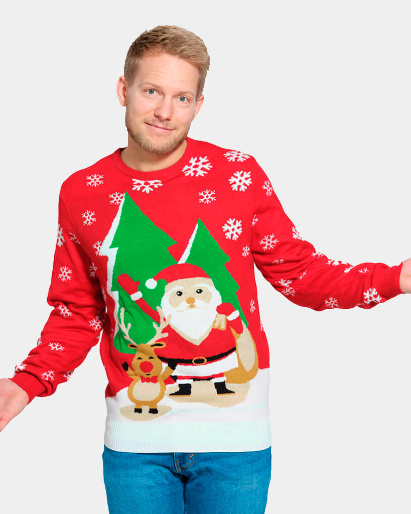 Pull de Noël pour Famille Rouge avec Père Noël et Renne Saluant Homme