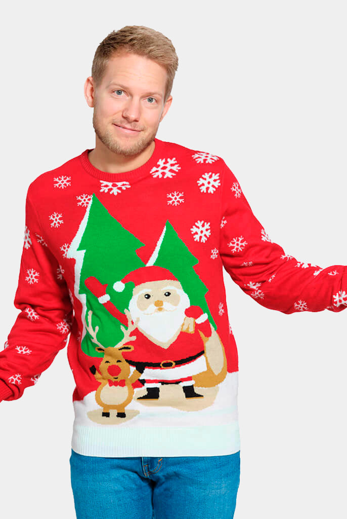 Pull de Noël pour Famille Rouge avec Père Noël et Renne Saluant Homme
