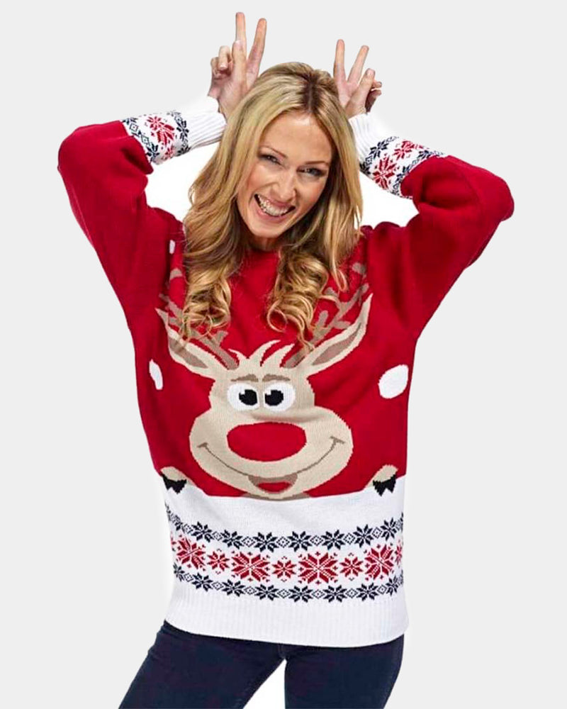 Pull de Noël pour Famille Rouge avec Renne et Neige Femme