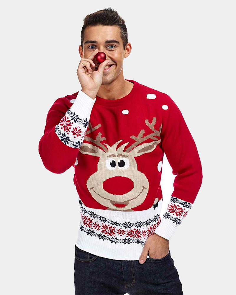Pull de Noël pour Famille Rouge avec Renne et Neige Homme