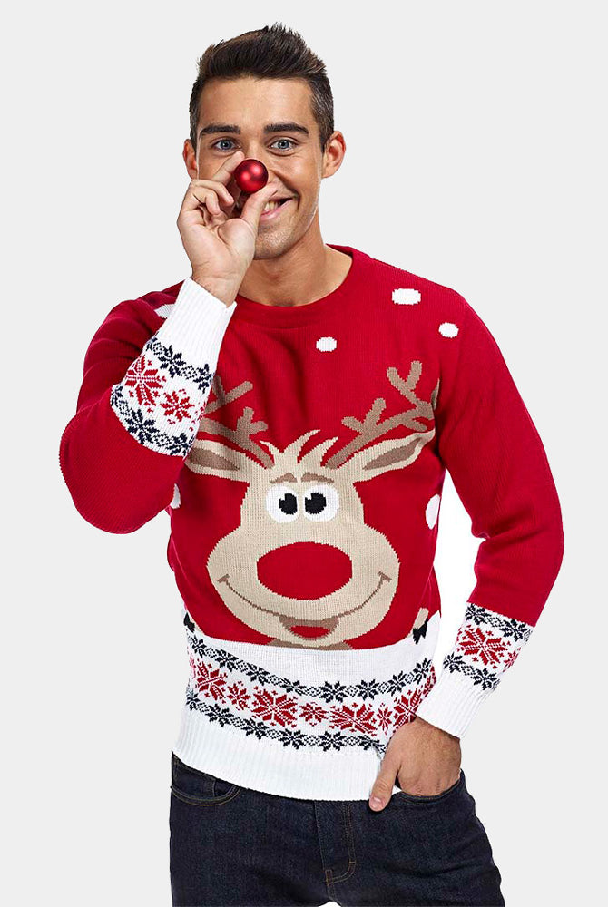 Pull de Noël pour Famille Rouge avec Renne et Neige Homme