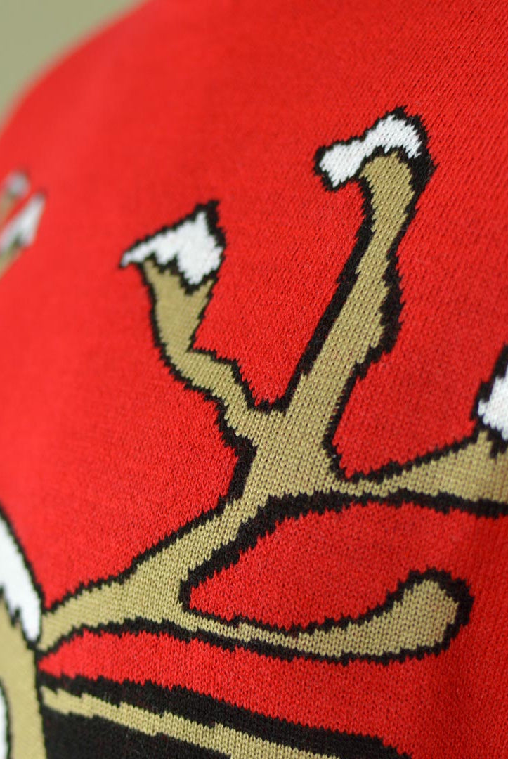 Pull de Noël pour Famille Rouge avec Renne Souriant Détail Neige