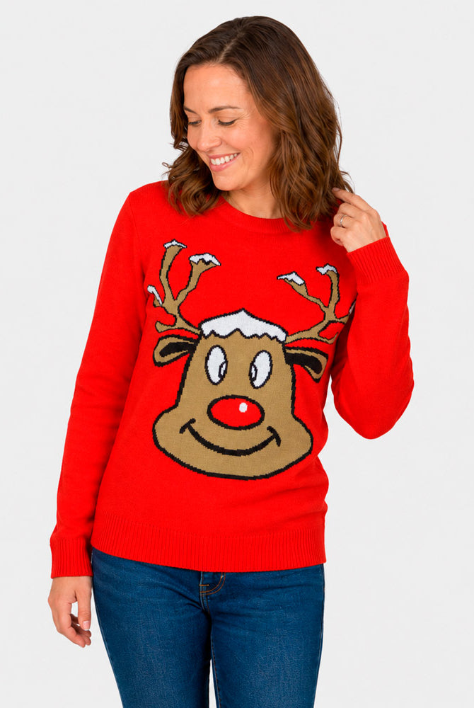 Pull de Noël pour Famille Rouge avec Renne Souriant Femme