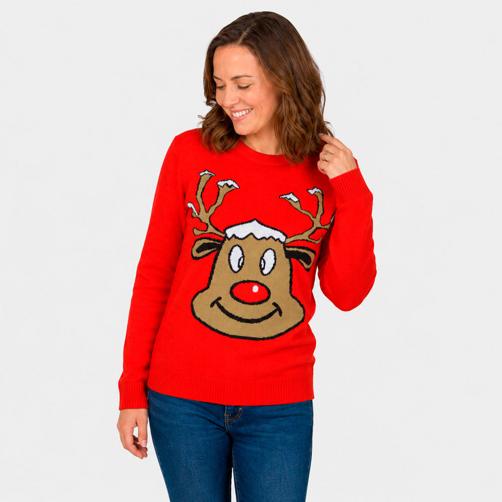 Pull de Noël pour Famille Rouge avec Renne Souriant Femme