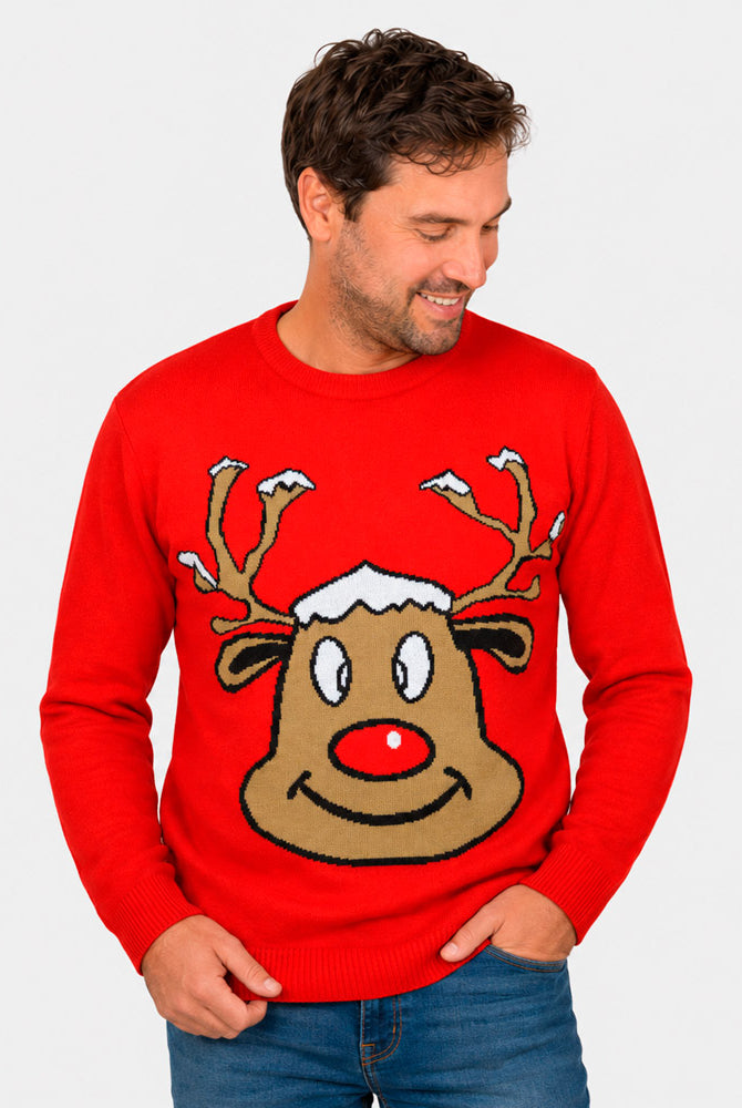 Pull de Noël pour Famille Rouge avec Renne Souriant Homme