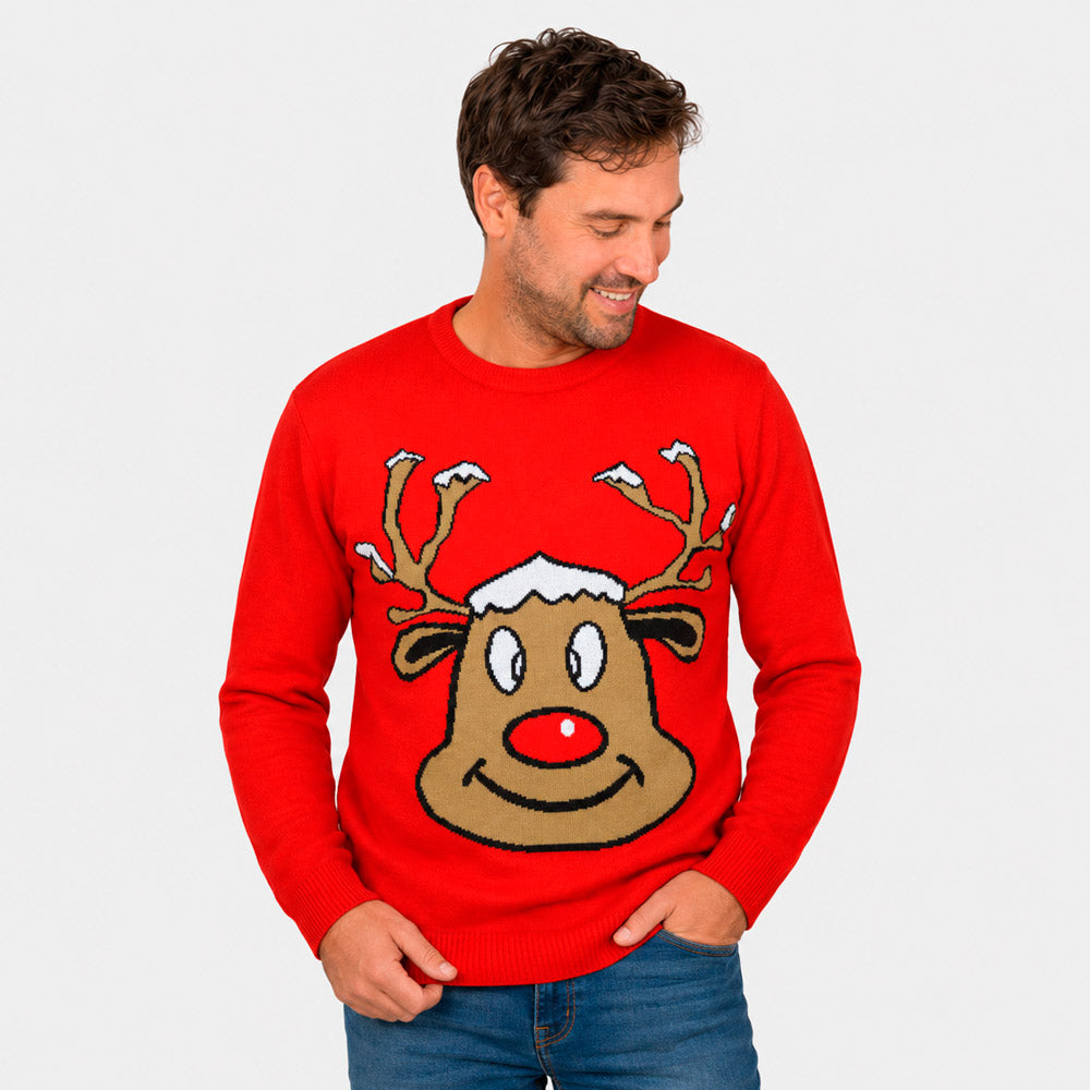 Pull de Noël pour Famille Rouge avec Renne Souriant Homme