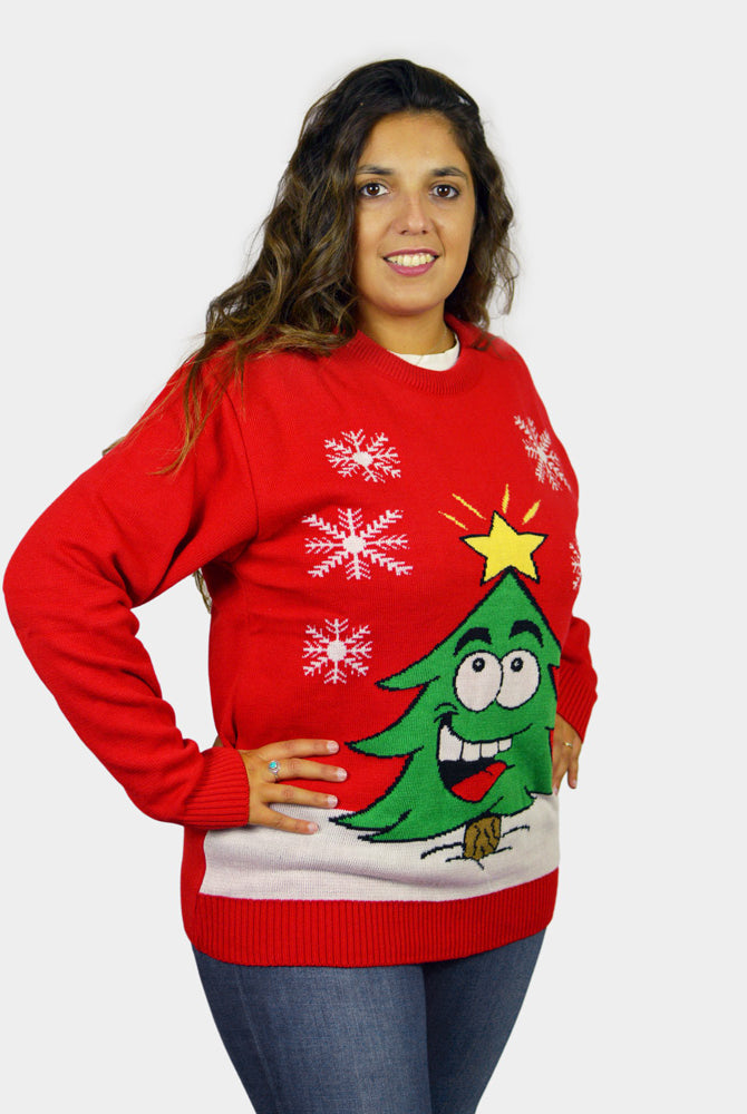 Pull de Noël pour Famille Rouge avec Sapin de Noël Souriant Femme