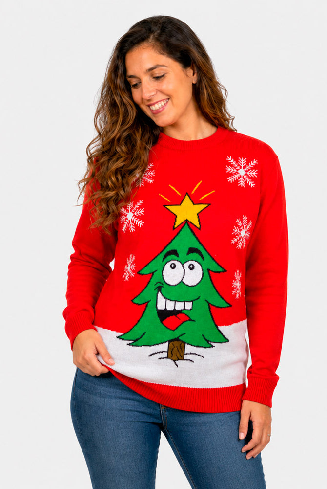 Pull de Noël pour Famille Rouge avec Sapin de Noël Souriant Femme