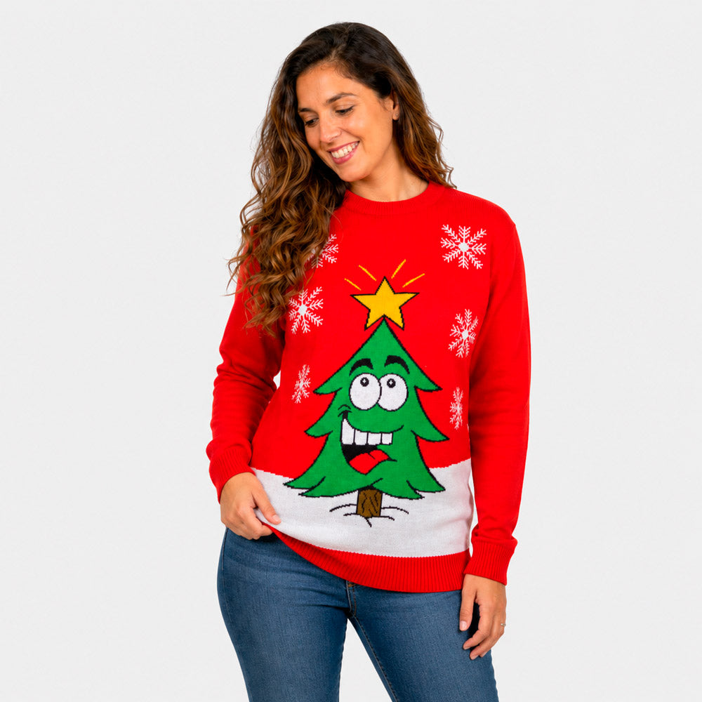 Pull de Noël pour Famille Rouge avec Sapin de Noël Souriant Femme