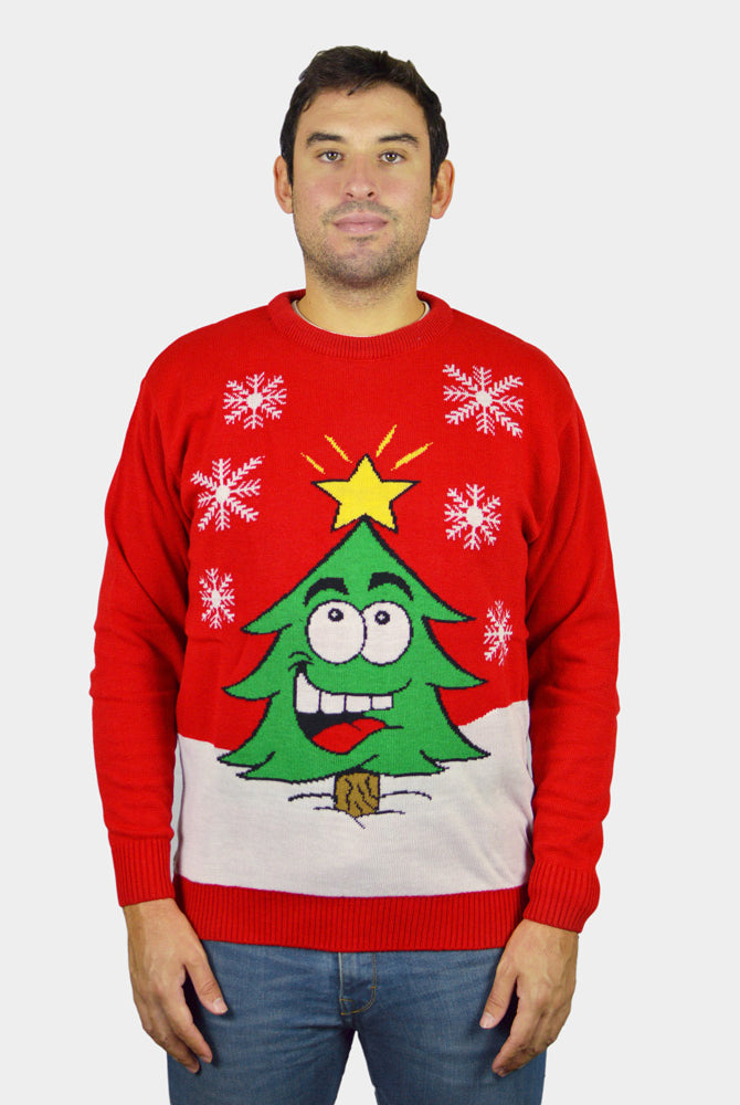 Pull de Noël pour Famille Rouge avec Sapin de Noël Souriant Homme