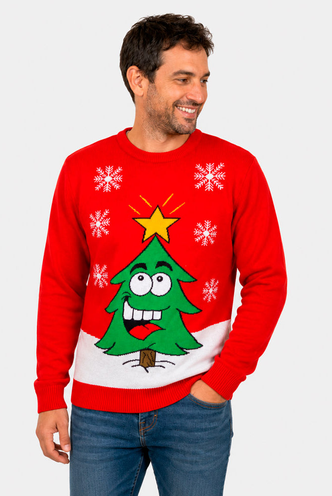 Pull de Noël pour Famille Rouge avec Sapin de Noël Souriant Homme