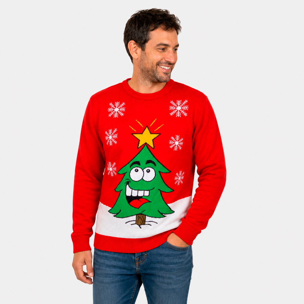 Pull de Noël pour Famille Rouge avec Sapin de Noël Souriant Homme