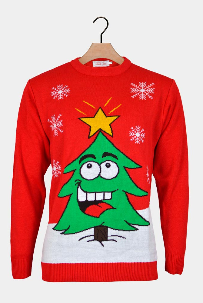 Pull de Noël pour Famille Rouge avec Sapin de Noël Souriant