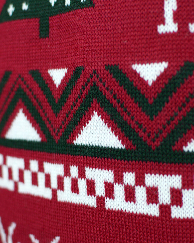 Pull de Noël pour Famille Rouge avec Sapins de Noël et Rennes Détail
