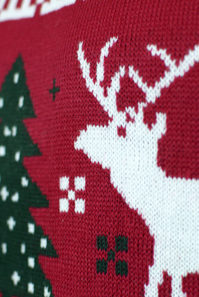 Pull de Noël pour Famille Rouge avec Sapins de Noël et Rennes Détail Neige