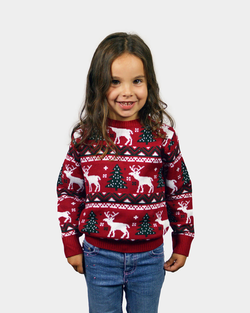 Pull de Noël pour Famille Rouge avec Sapins de Noël et Rennes Enfants