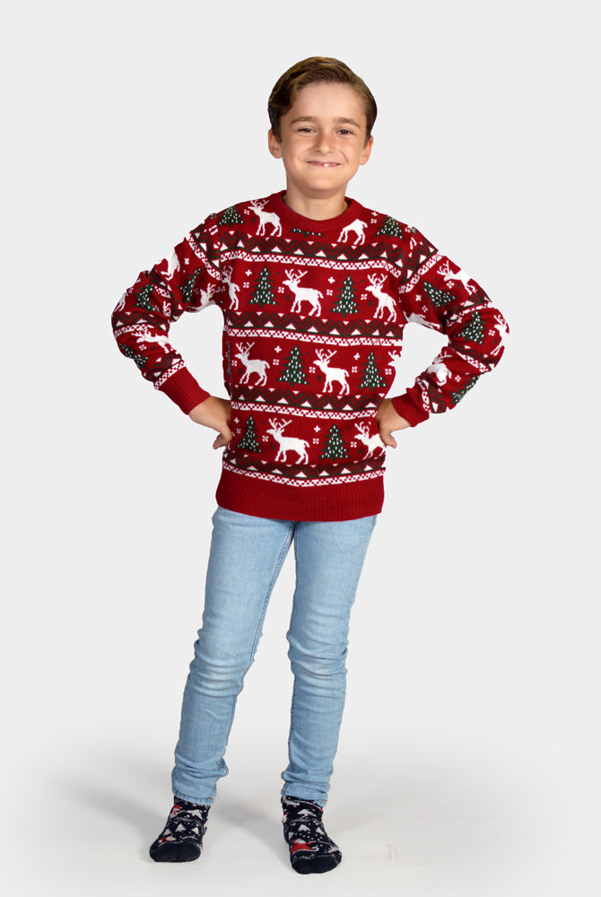 Pull de Noël pour Famille Rouge avec Sapins de Noël et Rennes Enfants