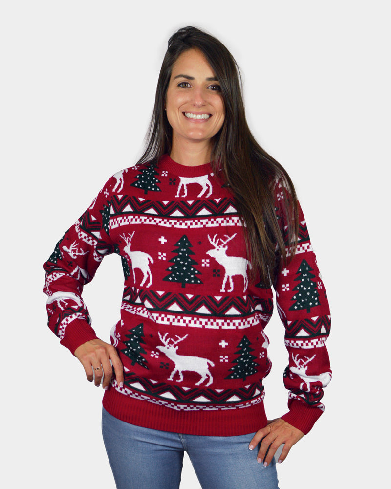Pull de Noël pour Famille Rouge avec Sapins de Noël et Rennes Femme