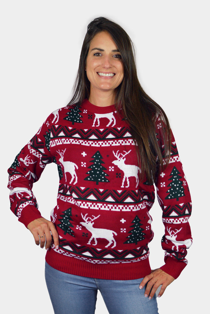 Pull de Noël pour Famille Rouge avec Sapins de Noël et Rennes Femme
