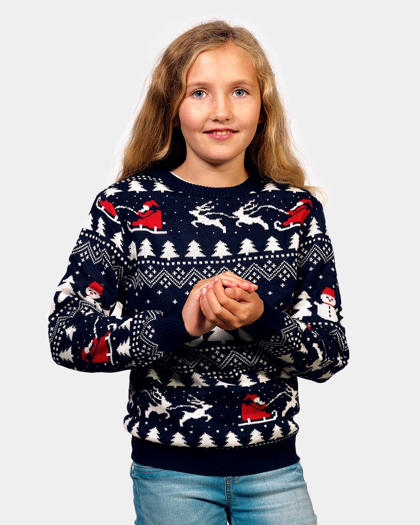 Pull de Noël pour Famille avec Sapins, Bonhommes de Neige et Père Noël Coton Bio enfant fille