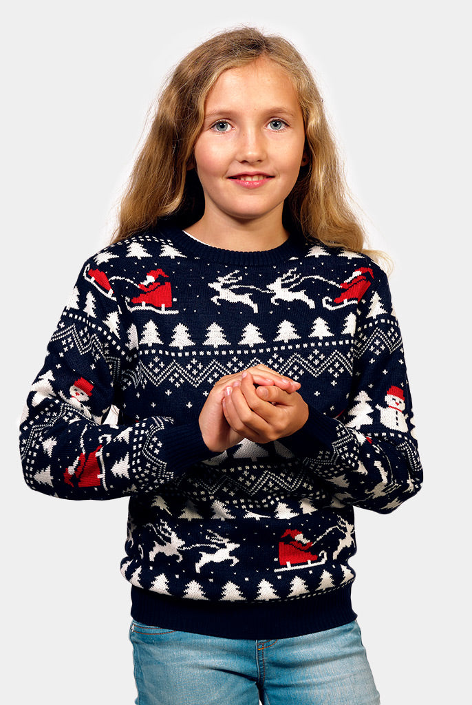 Pull de Noël pour Famille avec Sapins, Bonhommes de Neige et Père Noël Coton Bio enfant fille