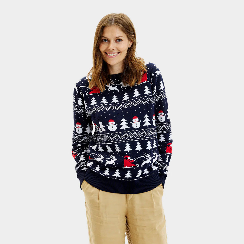 Pull de Noël pour Famille avec Sapins, Bonhommes de Neige et Père Noël Coton Bio femme