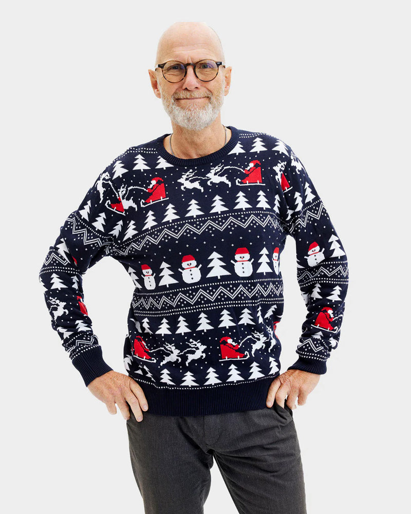 Pull de Noël pour Famille avec Sapins, Bonhommes de Neige et Père Noël Coton Bio homme