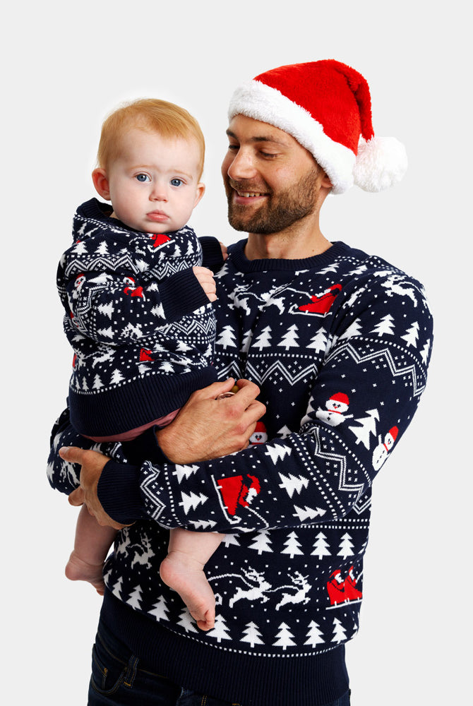 Pull de Noël pour Famille avec Sapins, Bonhommes de Neige et Père Noël Coton Bio