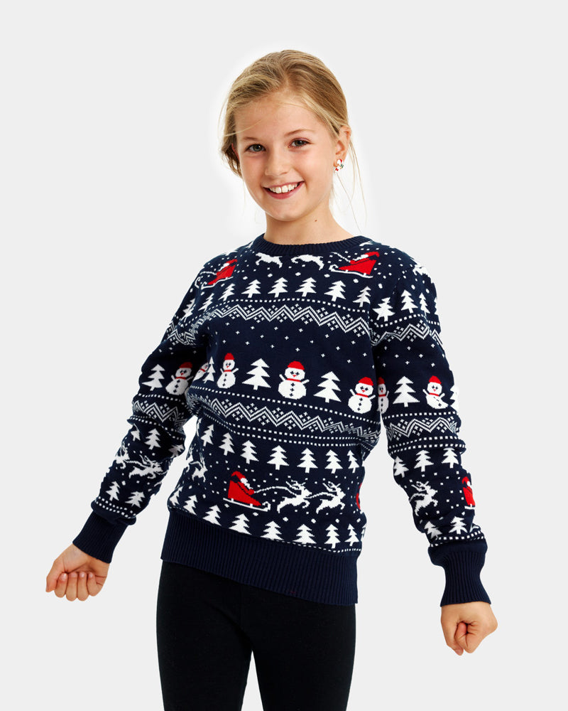 Pull de Noël pour Famille avec Sapins, Bonhommes de Neige et Père Noël Fille