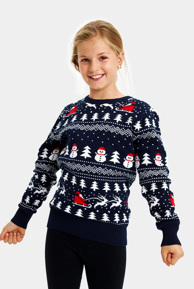 Pull de Noël pour Famille avec Sapins, Bonhommes de Neige et Père Noël Fille