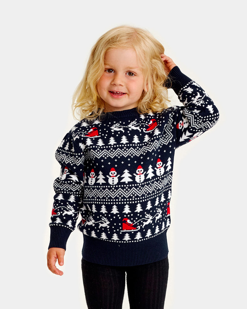 Pull de Noël pour Famille avec Sapins, Bonhommes de Neige et Père Noël Enfant