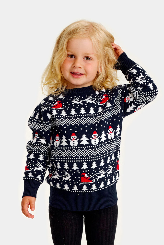 Pull de Noël pour Famille avec Sapins, Bonhommes de Neige et Père Noël Enfant