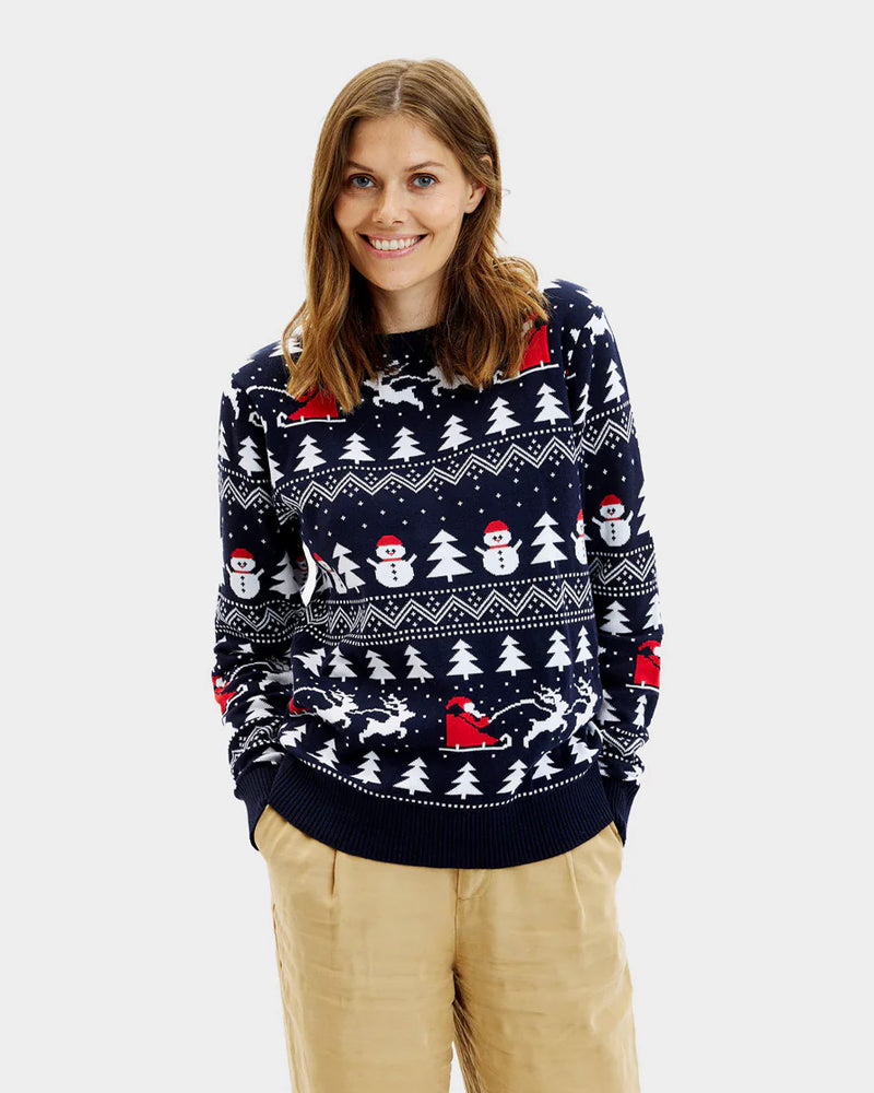 Pull de Noël pour Famille avec Sapins, Bonhommes de Neige et Père Noël Femme